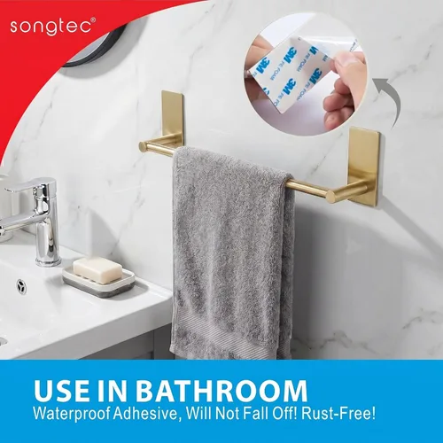Miniatura 2 de Songtec Barra de Toalla Dorada de 16 Pulgadas, Soporte de Toalla Adhesivo para Baño Sin Taladro, Soporte de Toalla con Montaje de Cinta de Adhesión