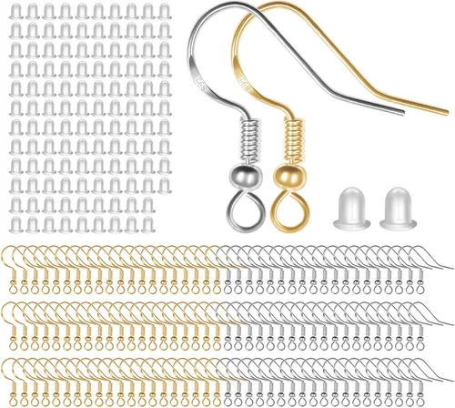 MENKEY Ganchos para aretes mixtos de ley 925, 120 piezas/60 pares, cables de oreja para hacer joyas, piezas hipoalergénicas con 120 tapones de