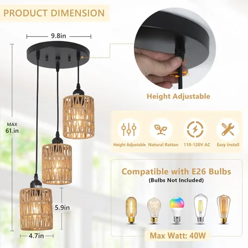 Miniatura 5 de LAMSU Lámpara colgante de 3 luces de ratán, accesorios de iluminación de techo estilo granja para comedor, lámpara colgante estilo boho
