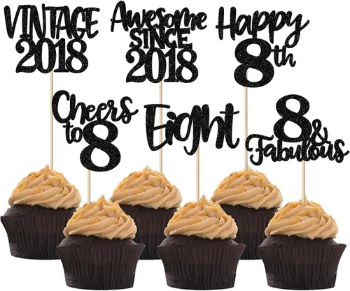 Miniatura 60 de Rsstarxi Paquete de 24 adornos para cupcakes vintage 2019 con purpurina negra para 5º cumpleaños, saludos a 5, cinco, 5, 5 fabulosos para cupcakes