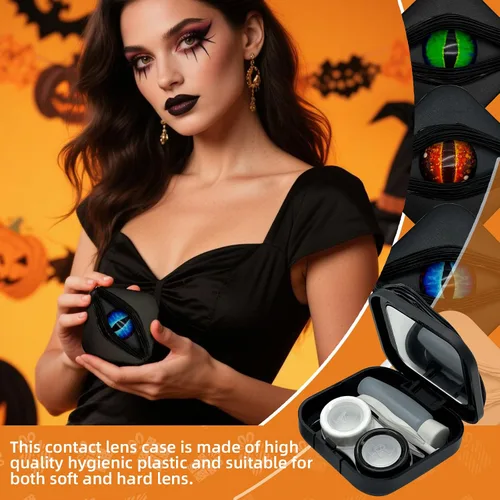 Miniatura 4 de Paquete de 2 fundas para lentes de contacto de Halloween (solo funda, sin contactos), color negro gótico, moderno y a prueba de fugas