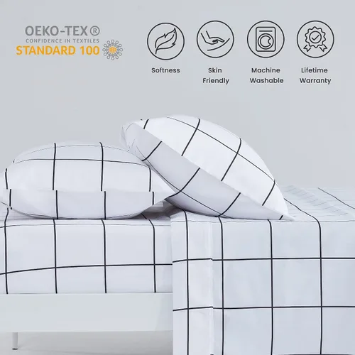 Miniatura 5 de SLEEP ZONE Juego de sábanas de 3 piezas con estampado a cuadros para niños, sábanas de microfibra de doble cepillado súper suaves y transpirables