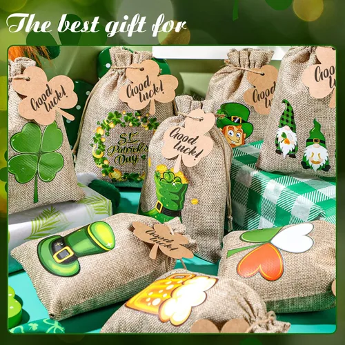 Miniatura 2 de Shappy Juego de 24 bolsas de regalo del día de San Patricio con cordón de arpillera de trébol verde para fiesta, bolsas de dulces, trébol irlandés
