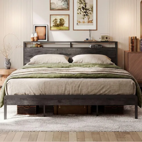 Miniatura 16 de LIKIMIO Marco de Cama King con Cabecero, Marco de Cama King de Madera Oscura con Soportes Fuertes, Resistente, Sin Ruido, No Necesita Somier, Nogal