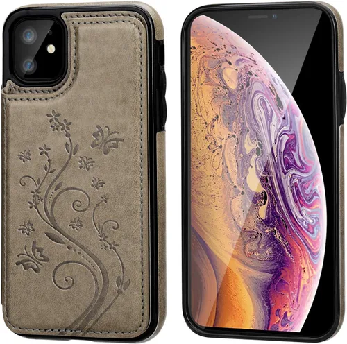 Miniatura 2 de Vaburs Funda compatible con iPhone 11 con tarjetero y diseño de mariposa en relieve, piel sintética de alta calidad, doble botones magnéticos, a Gris