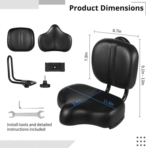 Miniatura 5 de Asiento de bicicleta con respaldo – Sillín de bicicleta de gran tamaño con soporte de espalda, universal ancho acolchado de poliuretano