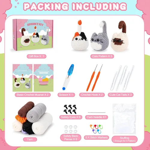 Miniatura 3 de Kit de ganchillo para gatos para principiantes, 3 piezas, kits de ganchillo para gatos, regalos de agradecimiento para profesores para mujeres, kit