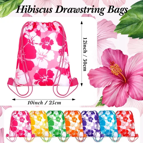 Miniatura 2 de Teling - 14 mochilas de hibisco, bolsas de recuerdos de fiesta con temática hawaiana con cordón Tiki Luau Treat Hawaii, bolsa de regalo tropical