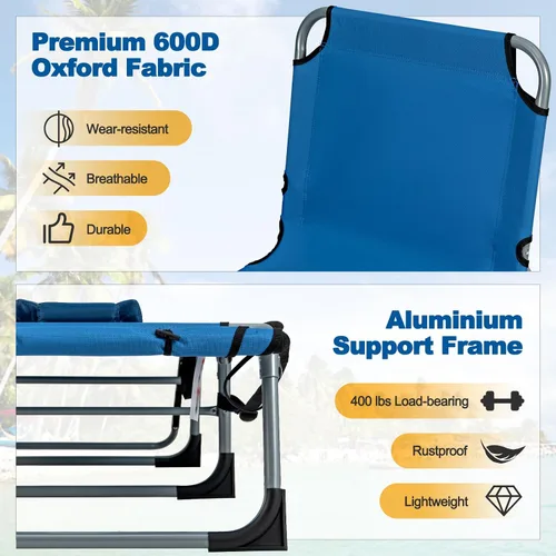 Miniatura 9 de Tangkula Sillón de playa, silla de bronceado plegable al aire libre con agujero para la cara/brazo, 2 asas de transporte, almohada, respaldo Azul