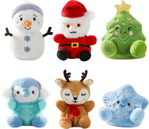 My OLi Juego de juguetes de peluche de Navidad, 6 unidades de animales de peluche suaves de alta calidad, personajes navideños con Papá Noel, muñeco