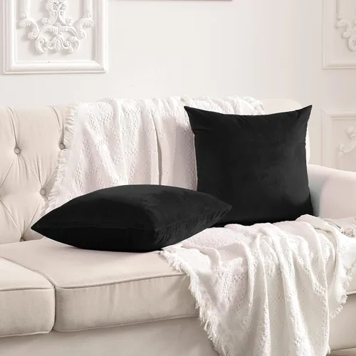 Miniatura 2 de FY FIBER HOUSE Paquete de 2 fundas de almohada de terciopelo decorativas, fundas de cojín suaves y sólidas, 16 x 16 pulgadas, color negro