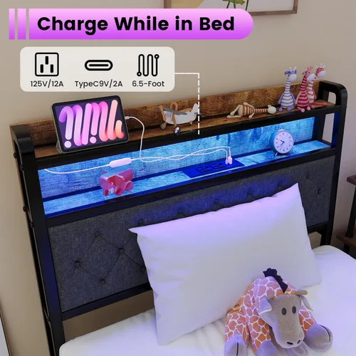 Miniatura 6 de Winkalon Base de cama LED individual con cabecero, base de cama con estación de carga, marco de cama de plataforma de metal, tamaño individual,