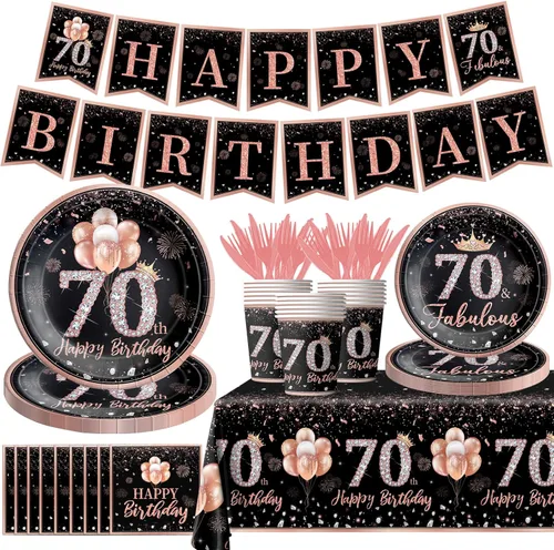 Juego de vajilla de 142 piezas de decoración de cumpleaños número 70 para mujer, color oro rosa, con temática de feliz cumpleaños número 70, mantel