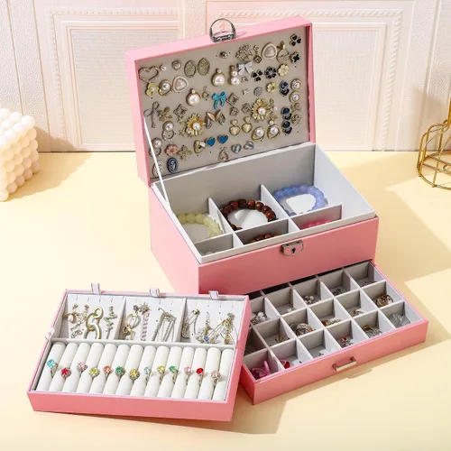 Miniatura 5 de BOOVO Joyero de aretes para mujeres y niñas, organizador de tachuelas, caja organizadora de joyas de 5 capas con candado, organizador de aretes