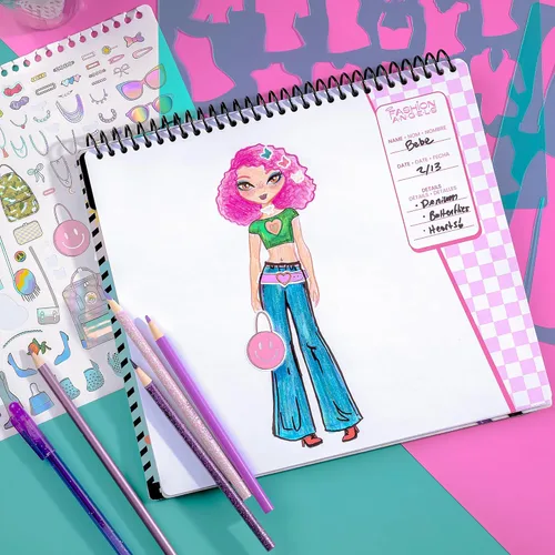 Miniatura 4 de Fashion Angels Cuaderno de bocetos de diseño de moda - Libro de bocetos para principiantes, bloc de bocetos con plantillas y calcomanías para niños