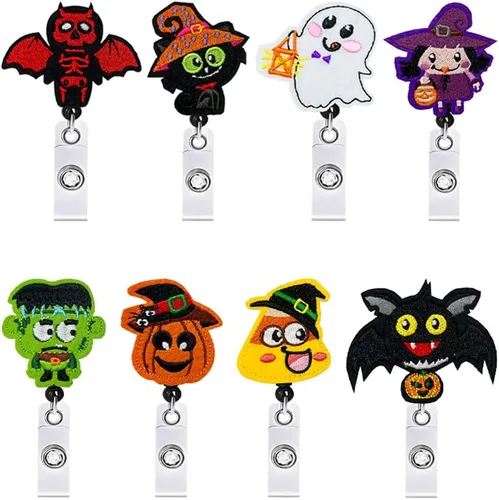 Miniatura 9 de Portatarjetas para carretes de insignias, 10 paquetes retráctiles lindos patrones de calavera de Halloween, trabajo, oficina, clip de cocodrilo