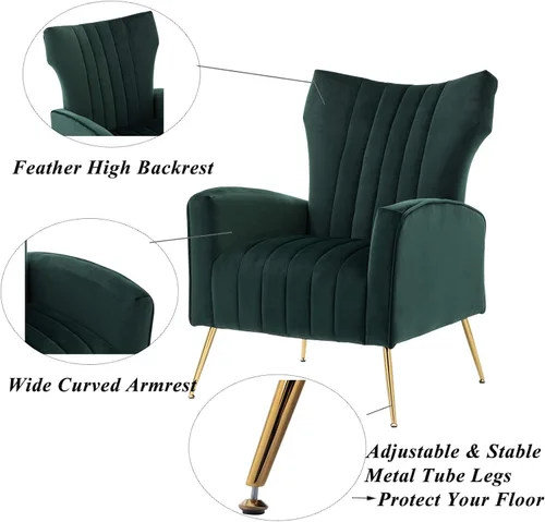 Miniatura 7 de Silla decorativa curvada copetuda con patas de metal doradas de terciopelo tapizado con brazo tapizado para club, ocio, silla moderna para sala
