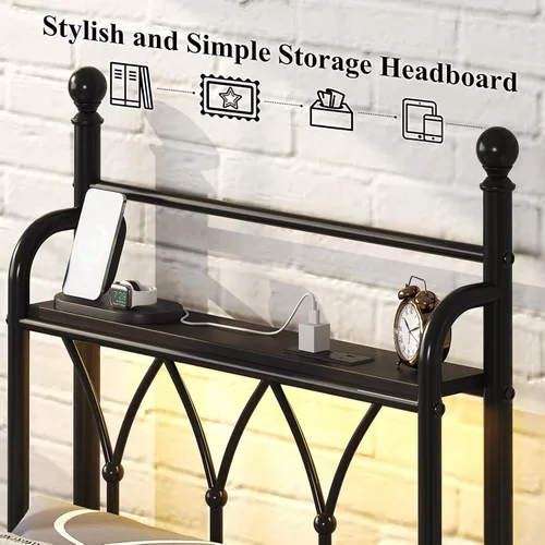 Miniatura 6 de E-Ser Marco de cama de plataforma de metal tamaño twin con cabecera de almacenamiento, marco de cama con luz LED, estación de carga integrada