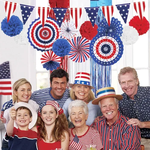 Miniatura 6 de MOVINPE Juego de decoraciones patrióticas para fiestas del 4 de julio, abanicos de papel para colgar con la bandera estadounidense, flores