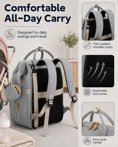 Miniatura 4 de houscly Mochila para pañales con cambiador: bolsas de bebé de viaje negras para niñas y niños, pañaleras para bebe, artículos esenciales para recién