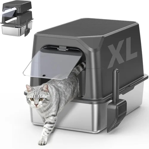 Miniatura 19 de WoofiGo Caja de arena cerrada de acero inoxidable para gatos con tapa, caja de arena extra grande XL para gatos grandes, bandeja de arena de metal
