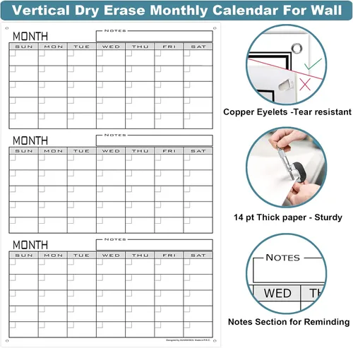 Miniatura 5 de Calendario grande de borrado en seco de 3 meses para pared, 36 x 24 pulgadas, calendario de pizarra blanca de tres meses sin fecha para oficina
