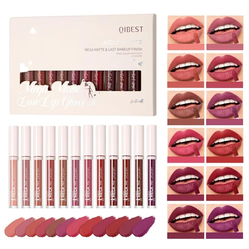 Miniatura 12 de Juego de 12 lápices labiales mate de maquillaje, desnudos clásicos y rojos atrevidos, taza antiadherente, no se decolora, lápiz labial líquido