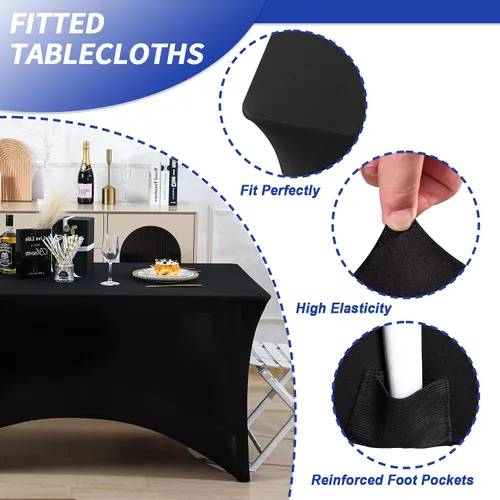 Miniatura 2 de Fixwal Paquete de 3 manteles rectangulares color negro de 8 pies, de elastano elástico, ajustable para fiestas, ferias, bodas, bufés, graduaciones