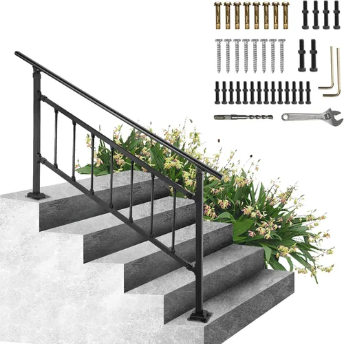 Miniatura 13 de VEVOR Pasamanos de escalera de metal ajustable para escalones al aire libre, 2-3 escalones, arco negro #1, barandillas gruesas para escaleras