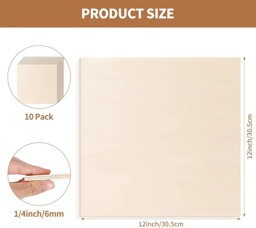 Miniatura 2 de Paquete de 10 hojas de tilo de 12x12" de 1/4 de pulgada y 6 mm sin acabado. Hojas de madera contrachapada de tilo para proyectos DIY, grabado láser