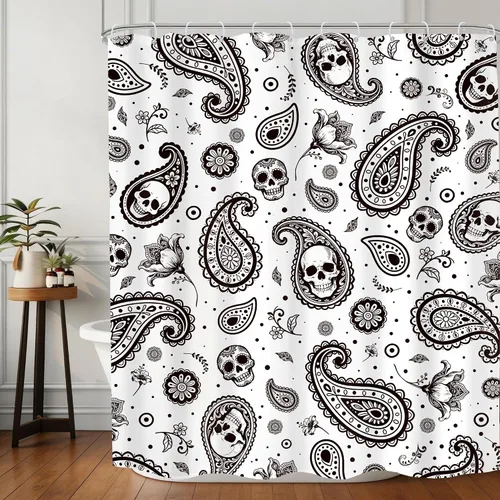 Miniatura 9 de Cortina de ducha gótica con calavera, 60 pulgadas de ancho x 72 pulgadas de alto, estilo rústico boho, con hongos amarillos, flores, abejas