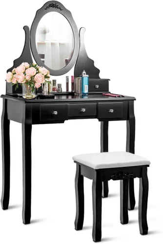 Miniatura 13 de Giantex Juego de tocador con espejo iluminado, mesa de maquillaje con 10 luces rosadas, escritorio de tocador moderno con taburete acolchado, 3