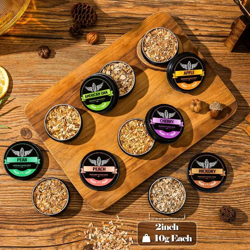 Miniatura 6 de INSISART Chips de madera para ahumar whisky, 6 sabores de manzana, cereza, roble, pera, durazno, nogal, chips naturales para cócteles, anticuado
