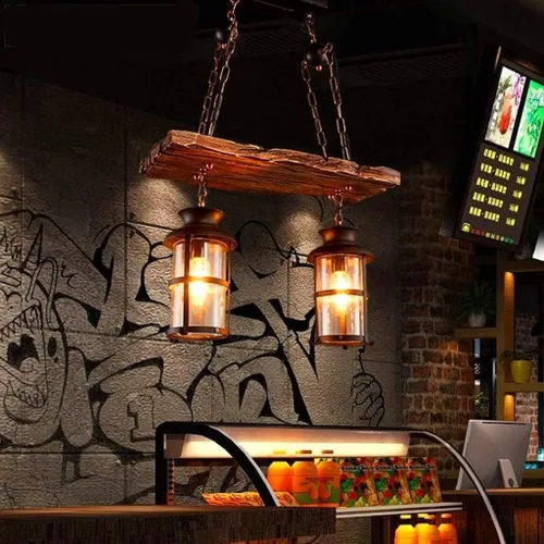 Miniatura 9 de Iluminación Colgante Retro de Madera Lámpara de Araña Industrial Vintage de Metal Negro Dormitorio Restaurante Lámpara de Suspensión Marco de Jaula