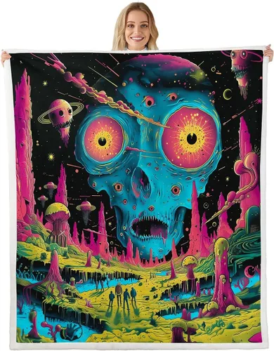 Miniatura 10 de Manta de franela de alienígena, misteriosa nave espacial estrellada con purpurina y planetas de cielo para decoración de habitaciones, manta