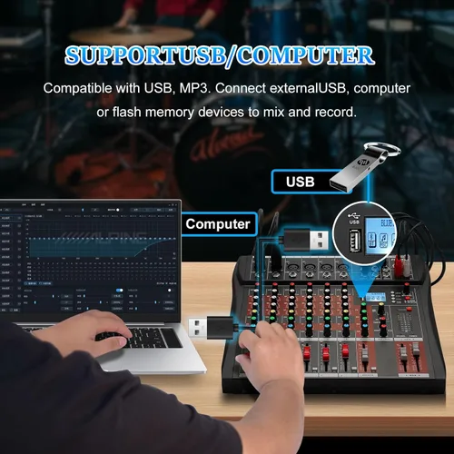 Miniatura 4 de FULUODE - Consola de Mezcla de Audio de 6 Canales, Mezclador de Música Profesional CT-60S, Tablero de Mezcla DJ con Reverb, Reproductor Bluetooth