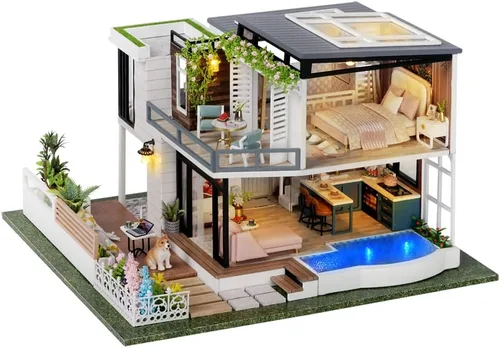 Miniatura 11 de TuKIIE Kit de casa de muñecas en miniatura con muebles, a escala 1:24, casa de muñecas de madera con accesorios, a prueba de polvo, con música