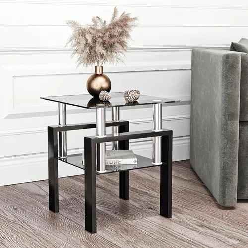 Miniatura 6 de Mesa auxiliar pequeña de cristal, mesa auxiliar de 2 niveles con patas de metal, mesa auxiliar cuadrada negra, elegante y resistente para espacios