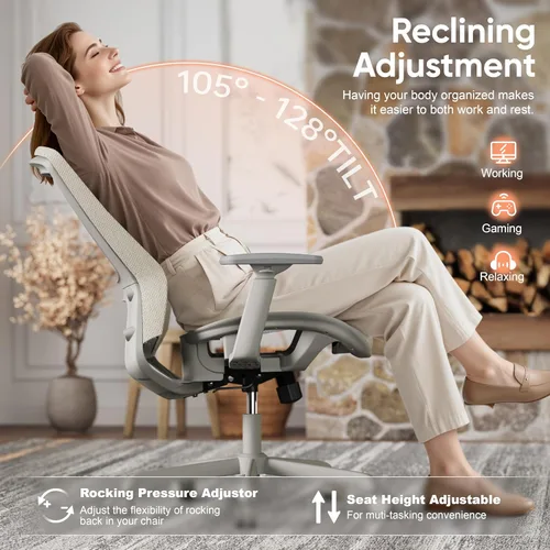 Miniatura 7 de ELABEST Silla de oficina de malla, silla ergonómica de escritorio para computadora, silla de tareas resistente, soporte lumbar ajustable y Beige