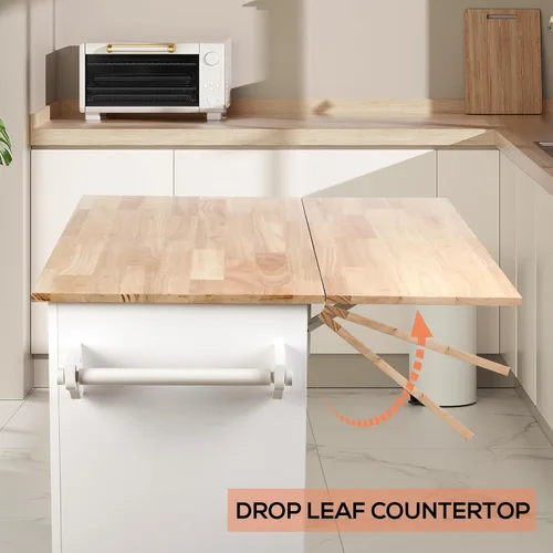 Miniatura 4 de VOWNER Isla de cocina de 43 pulgadas de ancho con hoja caída, isla de cocina rodante con cajones, isla portátil con almacenamiento, carrito de Blanco