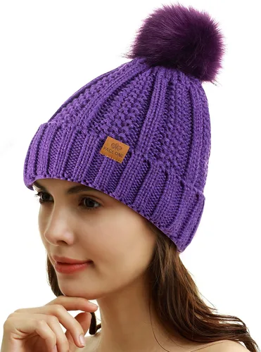 Miniatura 2 de PAGE ONE Womens Winter Thick Cable Knit Beanie Faux Fur Pom Hat Fleece Lined Skull Cap