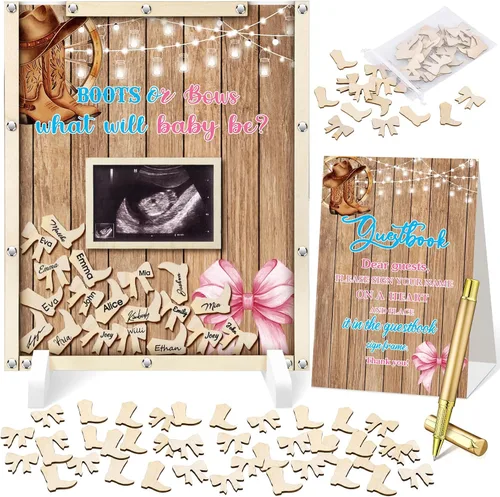 Miniatura 12 de Beeveer 65 piezas de libro de invitados para baby shower, libro de invitados azul para baby shower, libro de invitados con marco de fotos y 60 chips