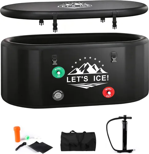 Bañera de hielo inflable para atletas: bañera fría de 216 galones con tapa aislada, diseño elástico de cuerpo completo, compatible con aislamiento y