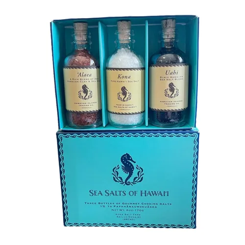 Sea Salts of Hawaii Caja de muestra de sal marina – 3 unidades 2 oz. Cada uno de Alaea, Uahi y Kona – Fabricado en Hawái –