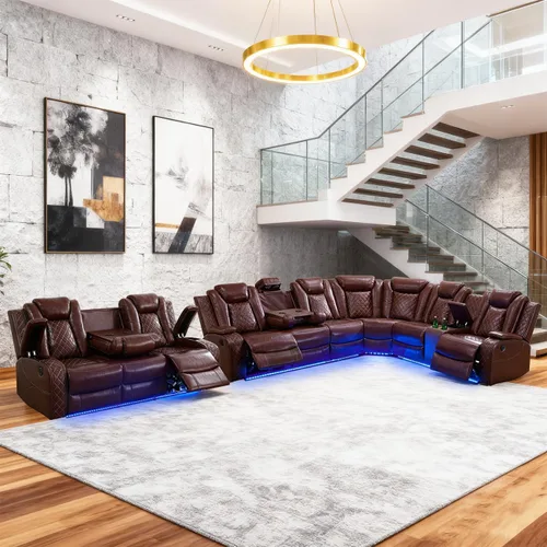 Miniatura 27 de Juego de sofá modular reclinable eléctrico para sala de estar, juego de sofá reclinable de cuero con luces LED / almacenamiento oculto, sofá