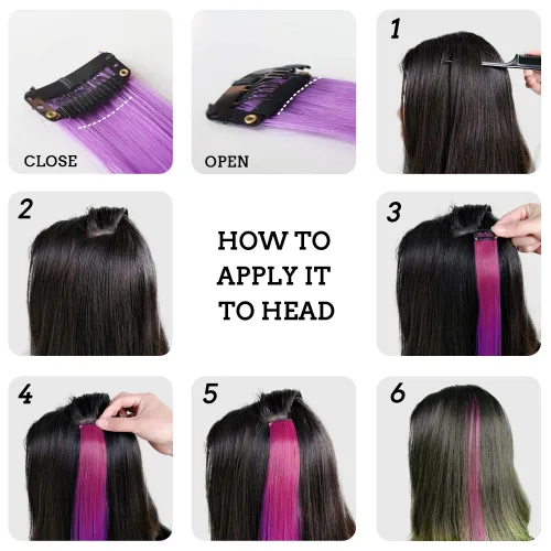 Miniatura 6 de 16 piezas de extensiones de cabello con clip de color púrpura, varios colores, para fiestas, clip en postizo sintético, para Halloween, cosplay