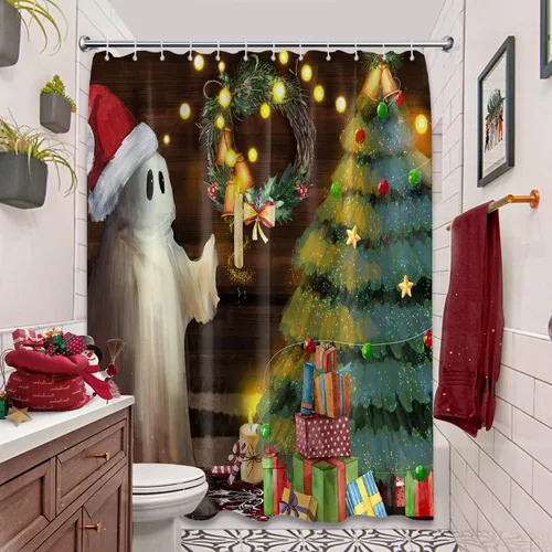 Miniatura 20 de Cortina de ducha de Halloween, diseño de mansión embrujada gótica espeluznante, juego de cortinas de baño de castillo de murciélago gótico Embrujado