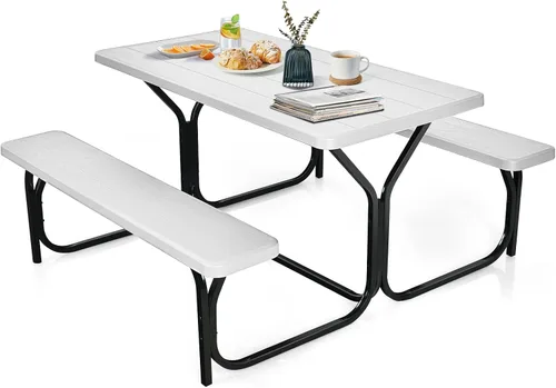 Miniatura 10 de HAPPYGRILL Juego de mesa de picnic al aire libre con marco de metal y superficie resistente a todas las condiciones climáticas, juego de mesa
