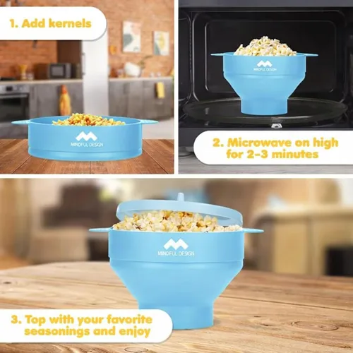 Miniatura 3 de El Original Mindful Design Popcorn Popper para Microondas - Cuenco de Silicona, Sin BPA y Apto para Lavavajillas (Azul Claro)