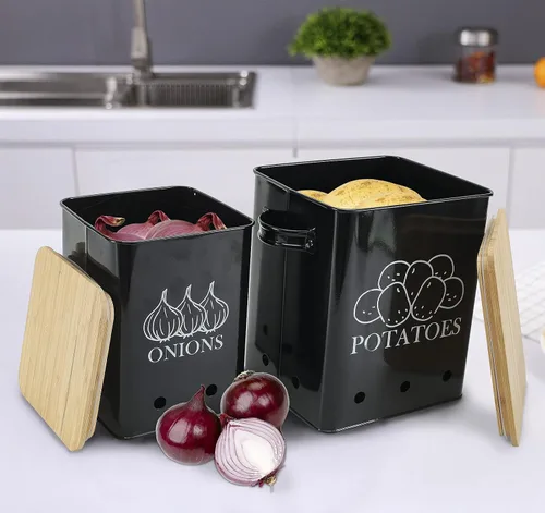 Miniatura 7 de Juego de 2 latas de almacenamiento de verduras de cocina, cebolla y papas con tapa de madera y agujeros de aireación, organizador de contenedor